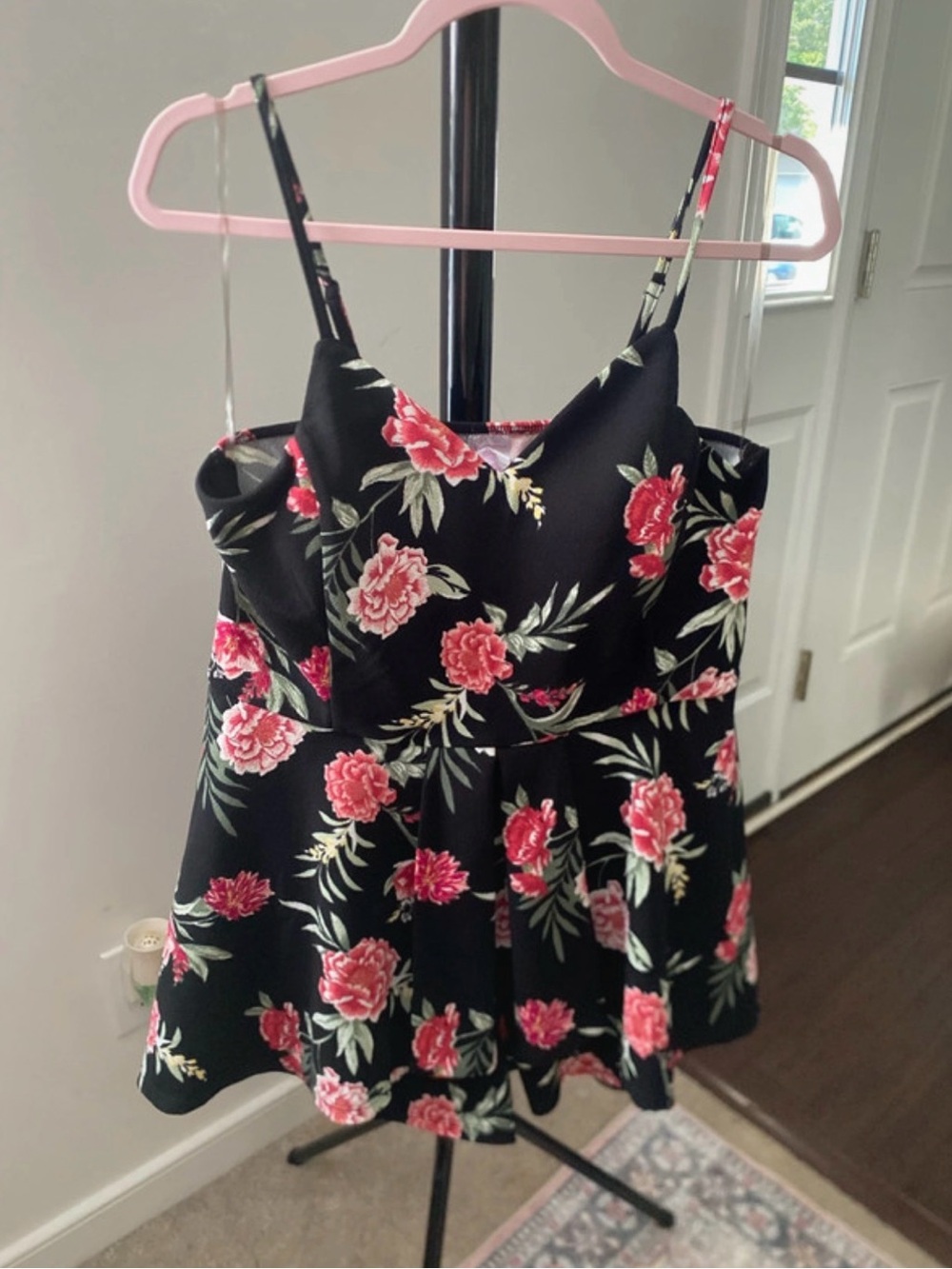 Floral Spaghetti Strap Peplum Dress - Black with Pink Roses